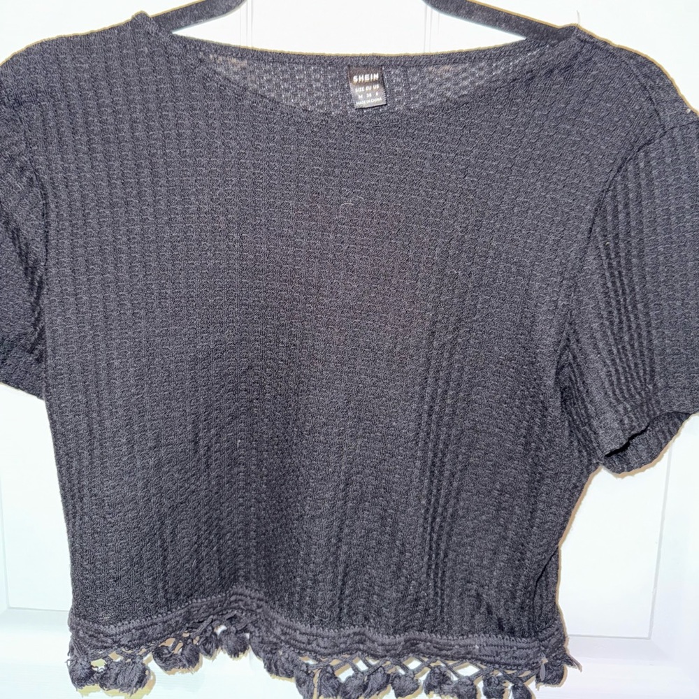 Black Textured Cropped Top with Fringe
